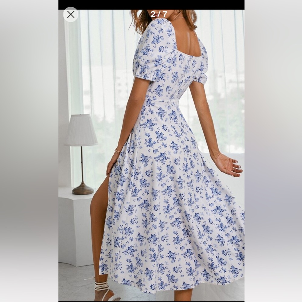 SHEIN Puff Sleeve High Split Floral Print Dress